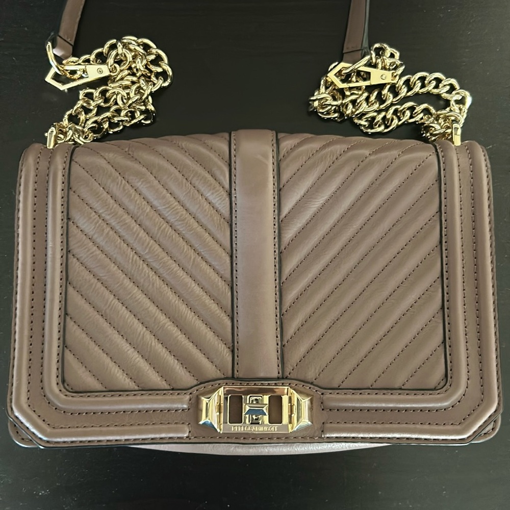 Authentic Rebecca Minkoff Chevron Quilted Love Crossbody Bag in Mink